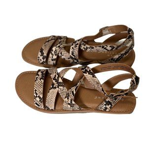 New Directions Womens Sandals Open Toe Low Wedge Snake Skin Strappy Black Cream